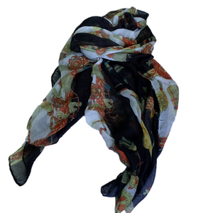 Large black scarf with yellow, orange, blue and white patterns